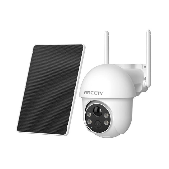 Cámara ARCCTV Q1 Max WiFi blanca con dos antenas y panel solar