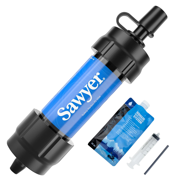 Filtro de agua portátil 0.1µm tipo Sawyer Mini — hasta 100.000 litros