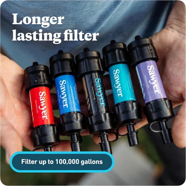 Filtro de agua portátil 0.1µm tipo Sawyer Mini — hasta 100.000 litros