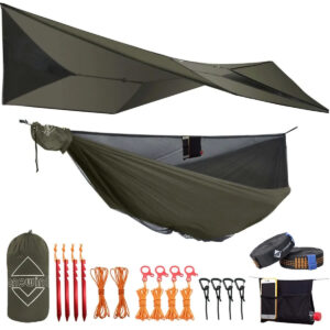 ZGG-R05-g01 Hamaca paracord doble 300kg + tarp 3x3m + cuerdas — set completo