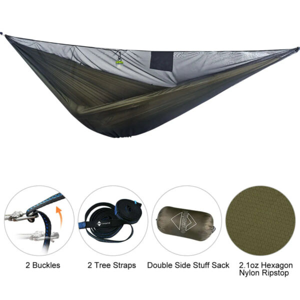 ZGG-R05-g02 Hamaca paracord doble 300kg + tarp 3x3m + cuerdas — set completo