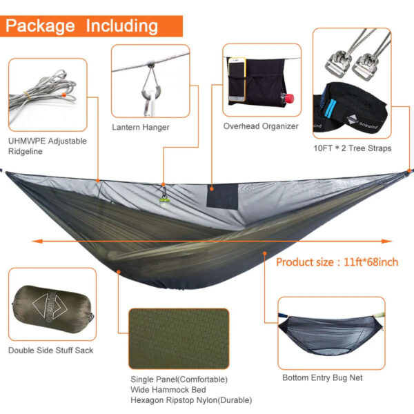 ZGG-R05-g03 Hamaca paracord doble 300kg + tarp 3x3m + cuerdas — set completo