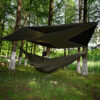 ZGG-R05-g04 Hamaca paracord doble 300kg + tarp 3x3m + cuerdas — set completo