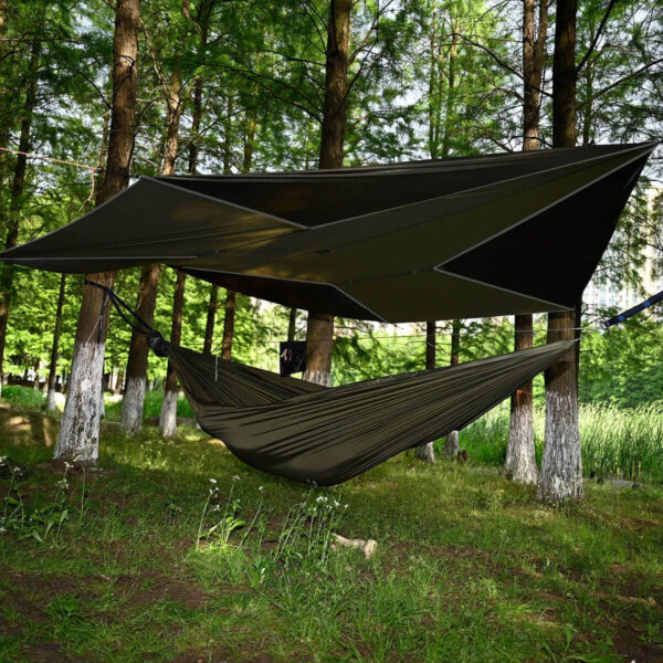 ZGG-R05-g04 Hamaca paracord doble 300kg + tarp 3x3m + cuerdas — set completo
